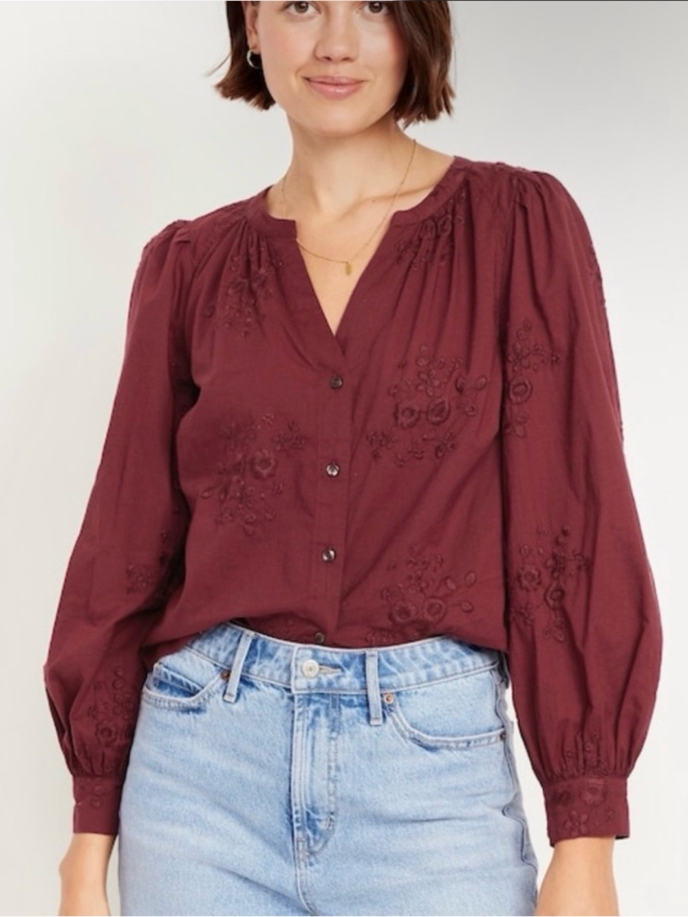 Old Navy maroon floral embroidered button up top, size Large Tall
